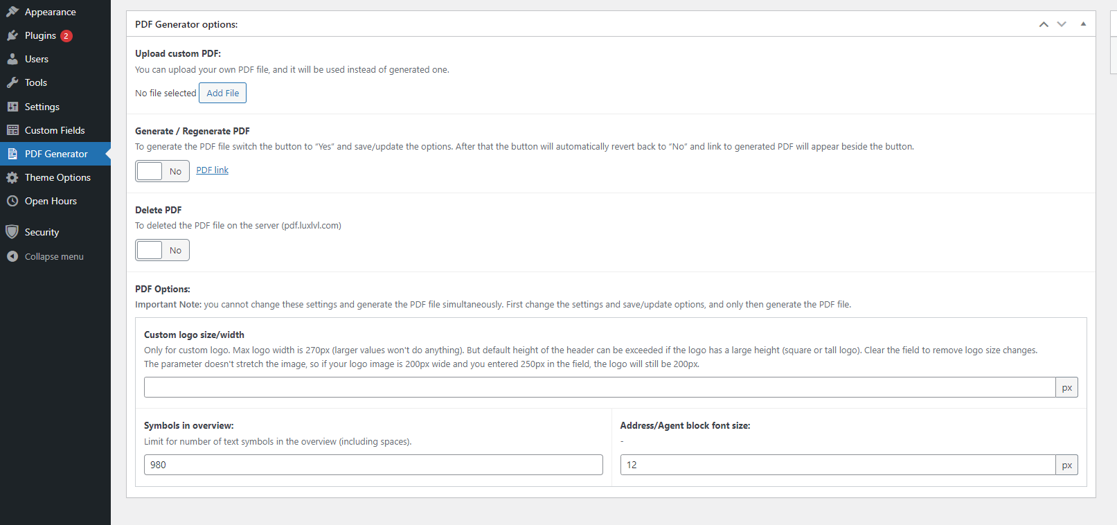 PDG plugin settings