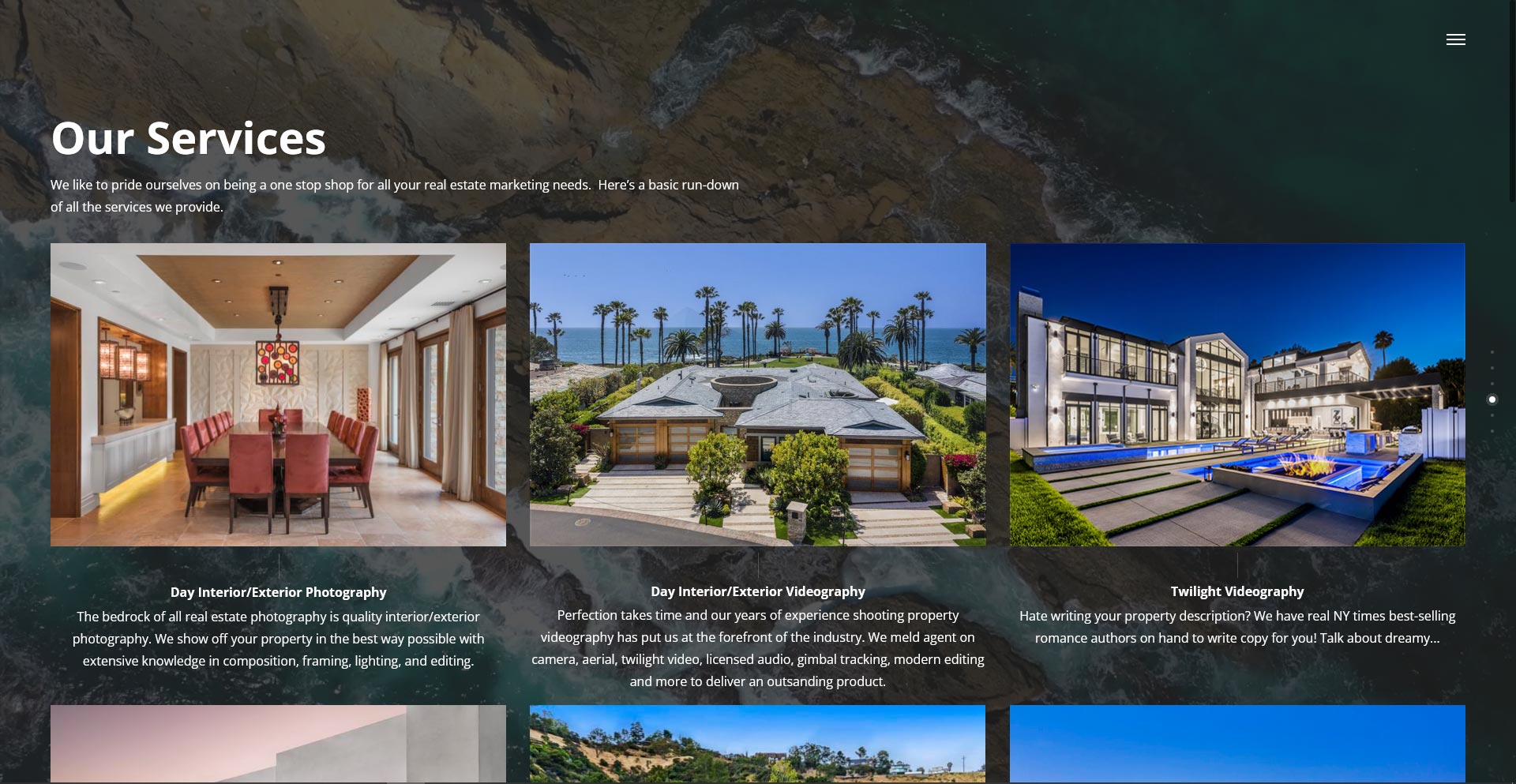 Services grid with images, videos and sliders